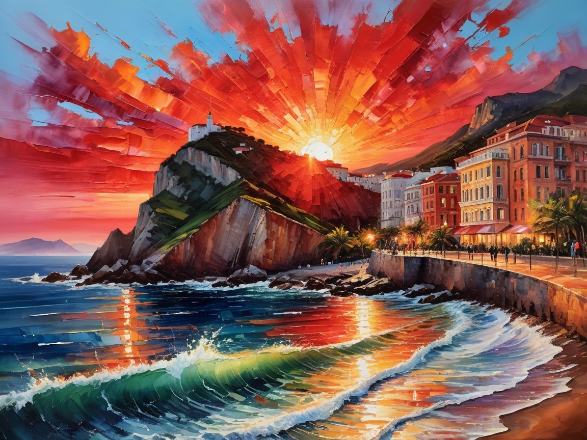 Vibrant Coastal Sunset with Promenade and Lighthouse