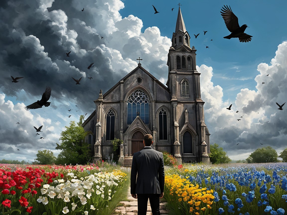 Lone Figure by Gothic Church with Flower Beds and Clouds