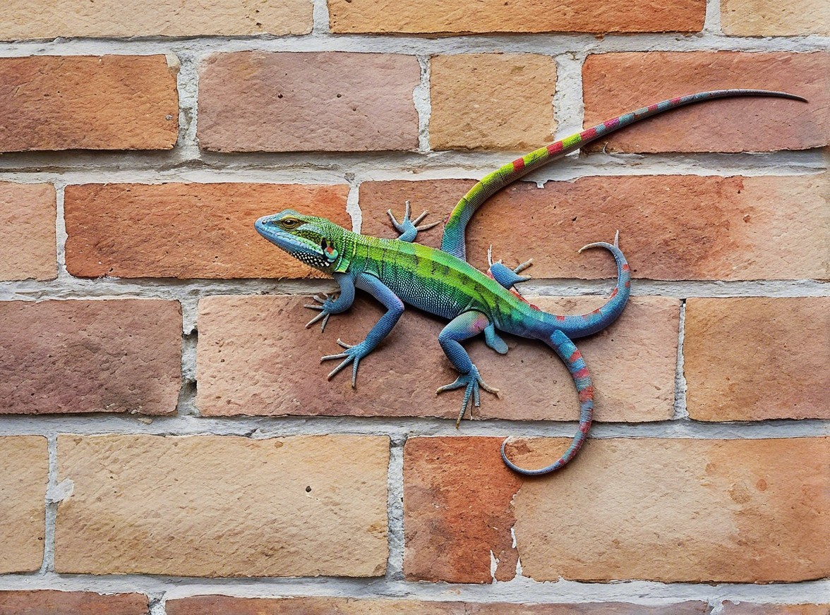 Vibrant Lizard Climbing Textured Brick Wall