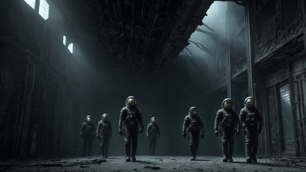 Astronauts in Futuristic Suits Explore Abandoned Space