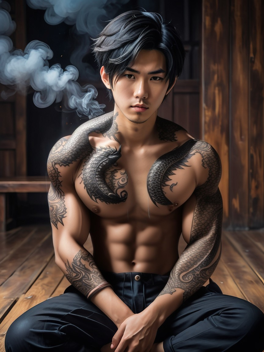 Muscular Young Man with Snake Tattoos in Dim Lighting