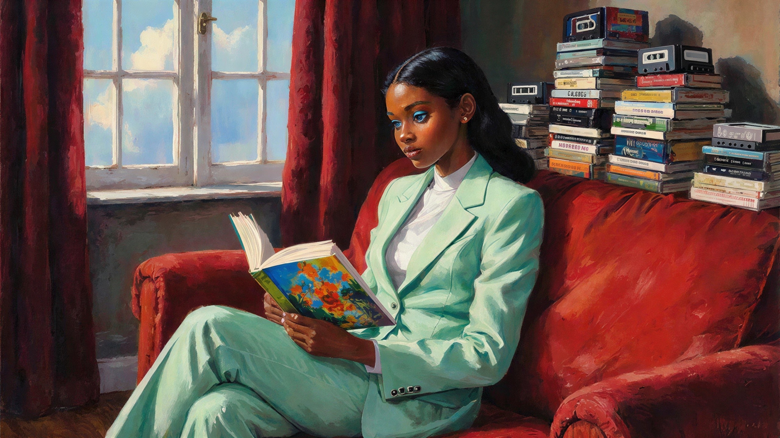 Elegant Woman Reading on Red Couch with Books