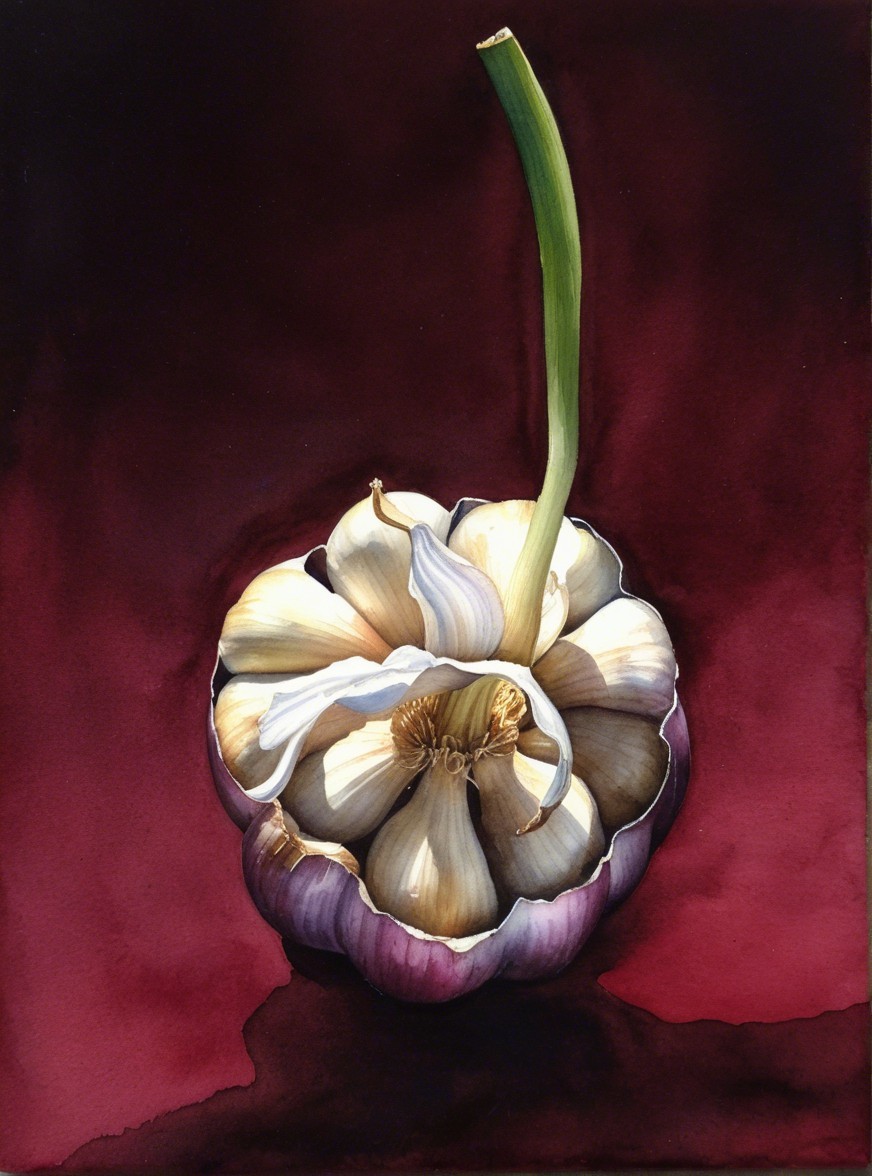 Watercolor Painting of Garlic Bulb with Sprout