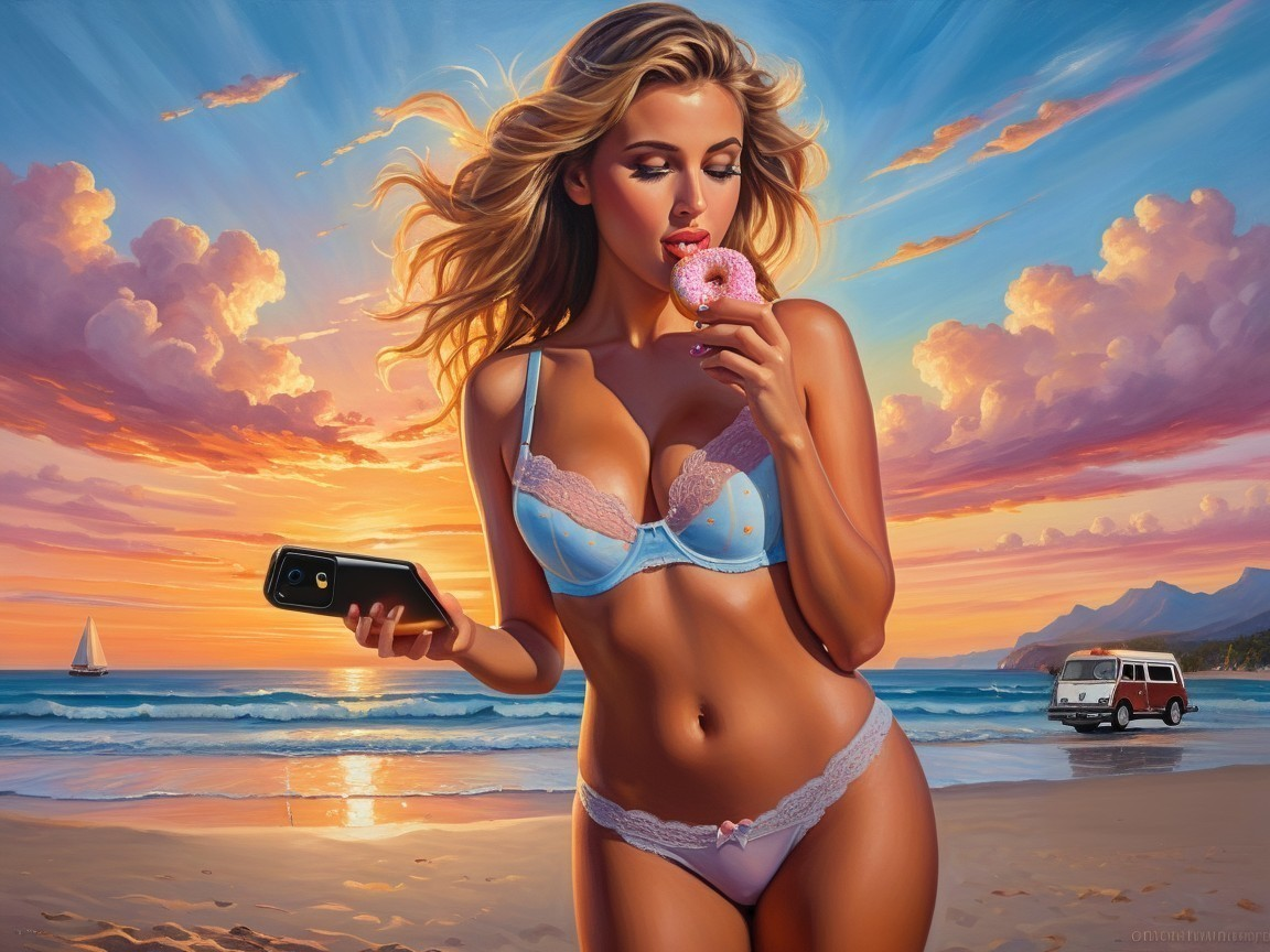 Young Woman Enjoys Donut on Sunset Beach