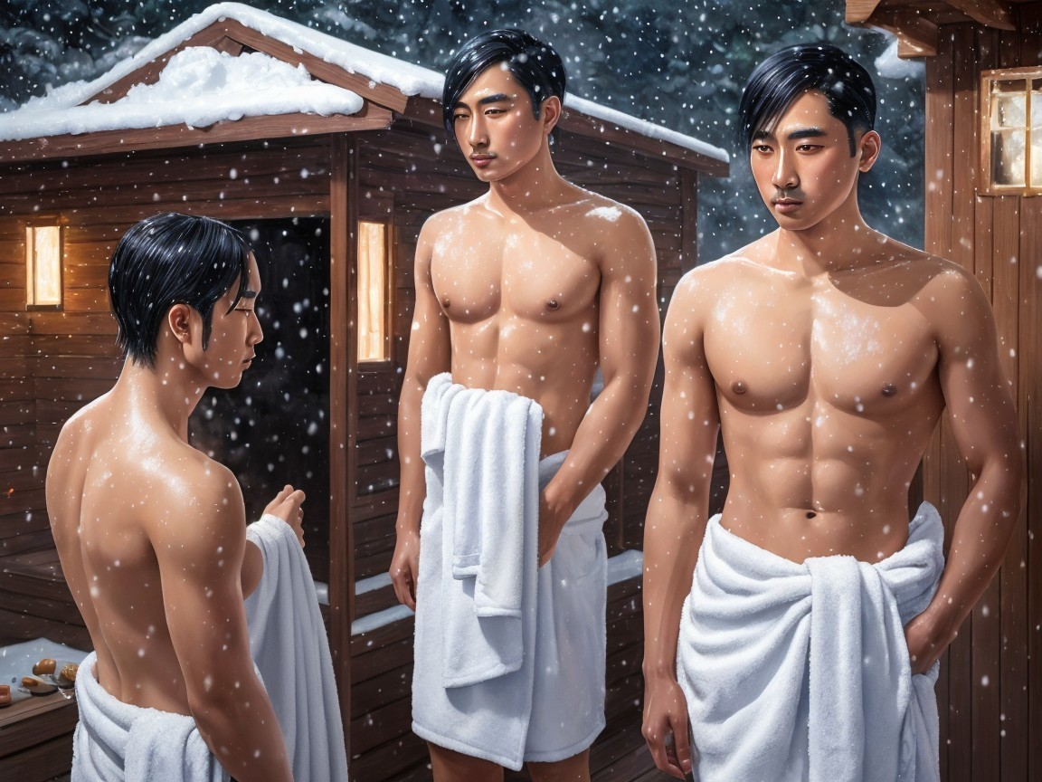 Three Asian Men in Towels in Snowy Outdoor Scene