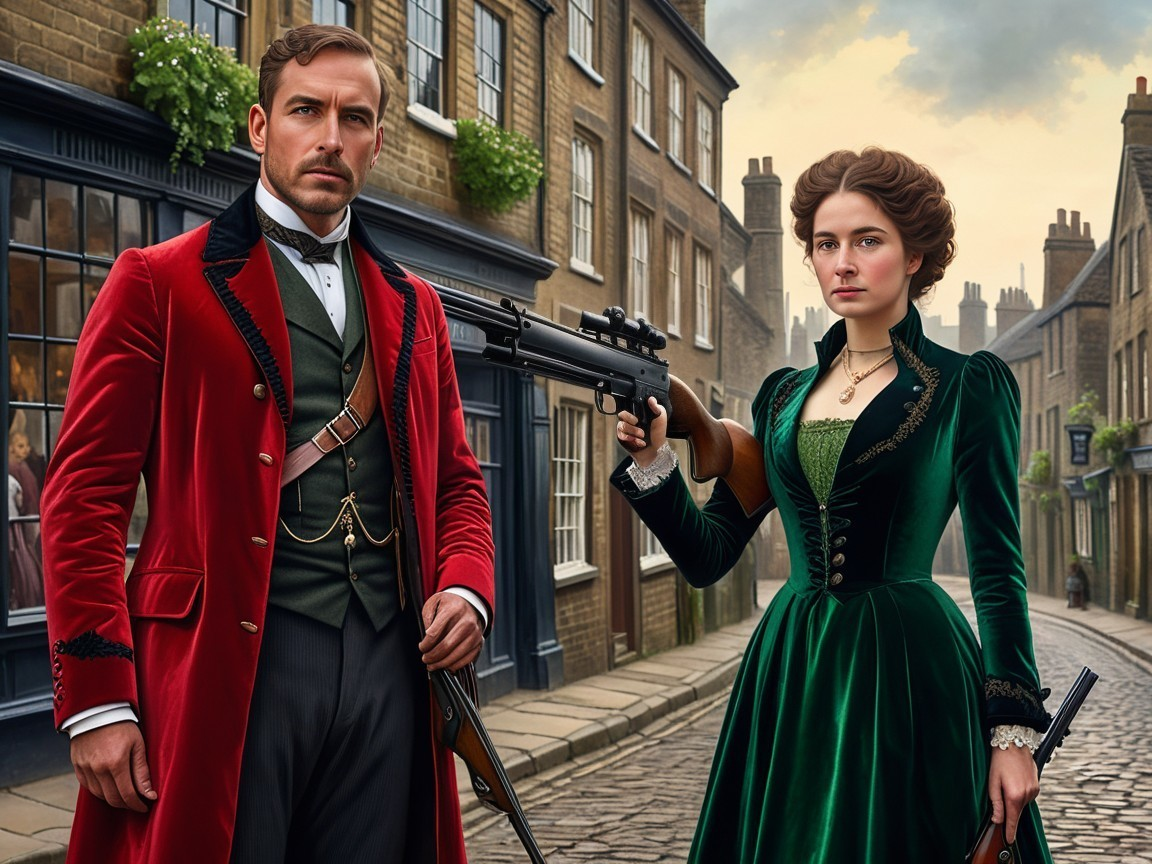 Historical Scene of a Confident Couple on Cobblestone Street