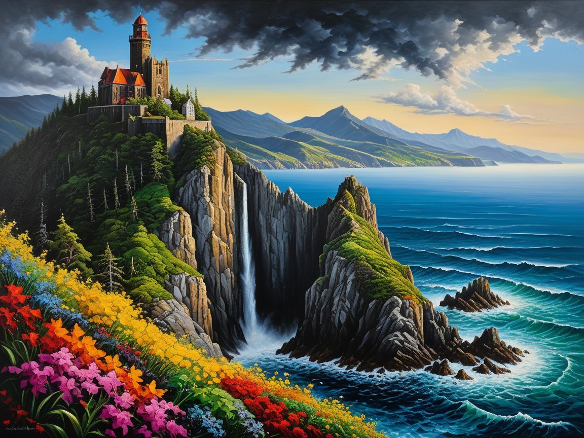 Coastal Landscape with Castle and Waterfall Features