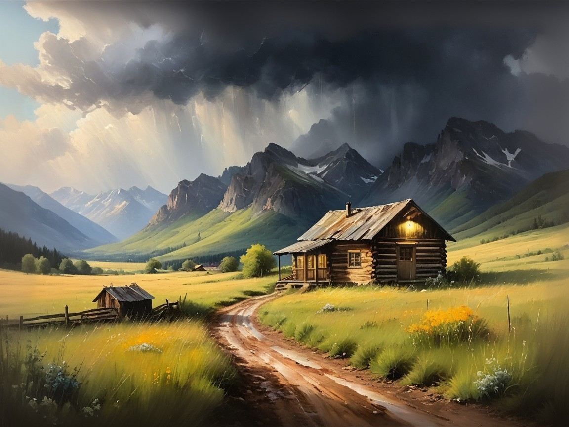 Rustic log cabin in a vibrant green valley scene