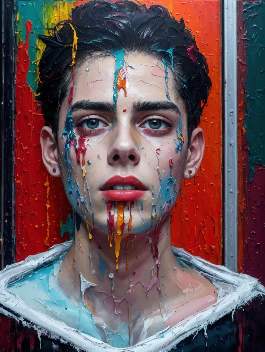 Portrait of a Young Man with Colorful Paint Drips