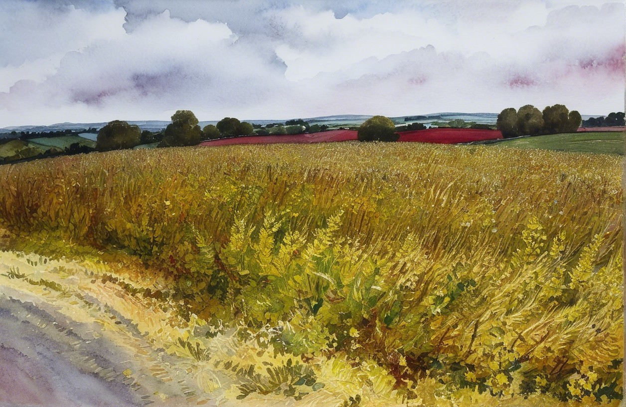 Serene Landscape with Rolling Hills and Golden Fields