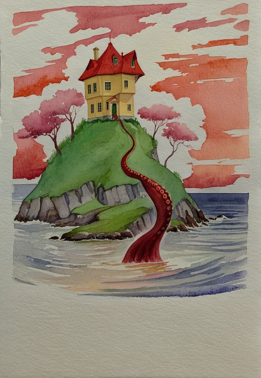 Whimsical house on a lush island with vibrant path
