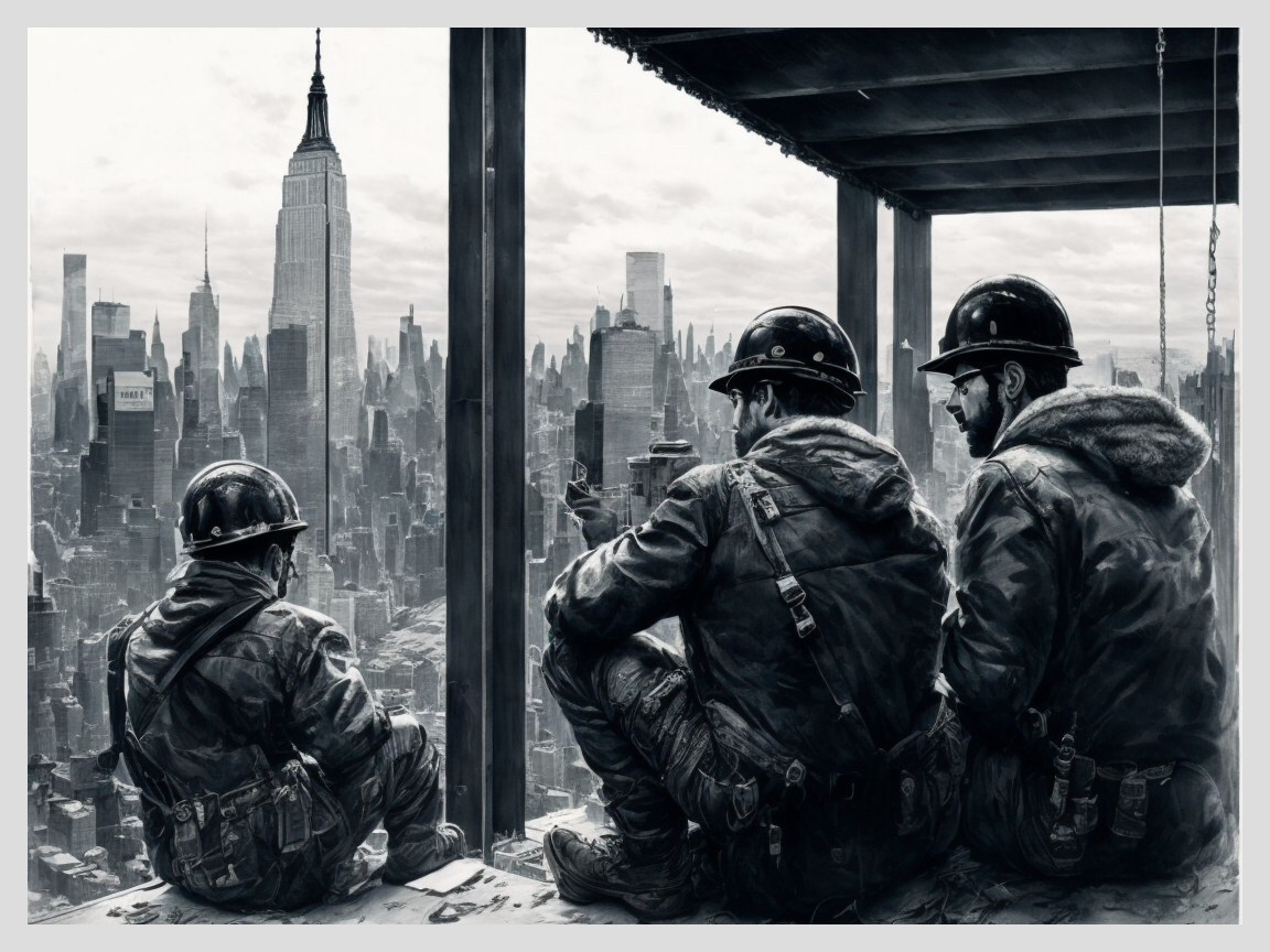 Three Workers in Safety Helmets Overlooking Cityscape