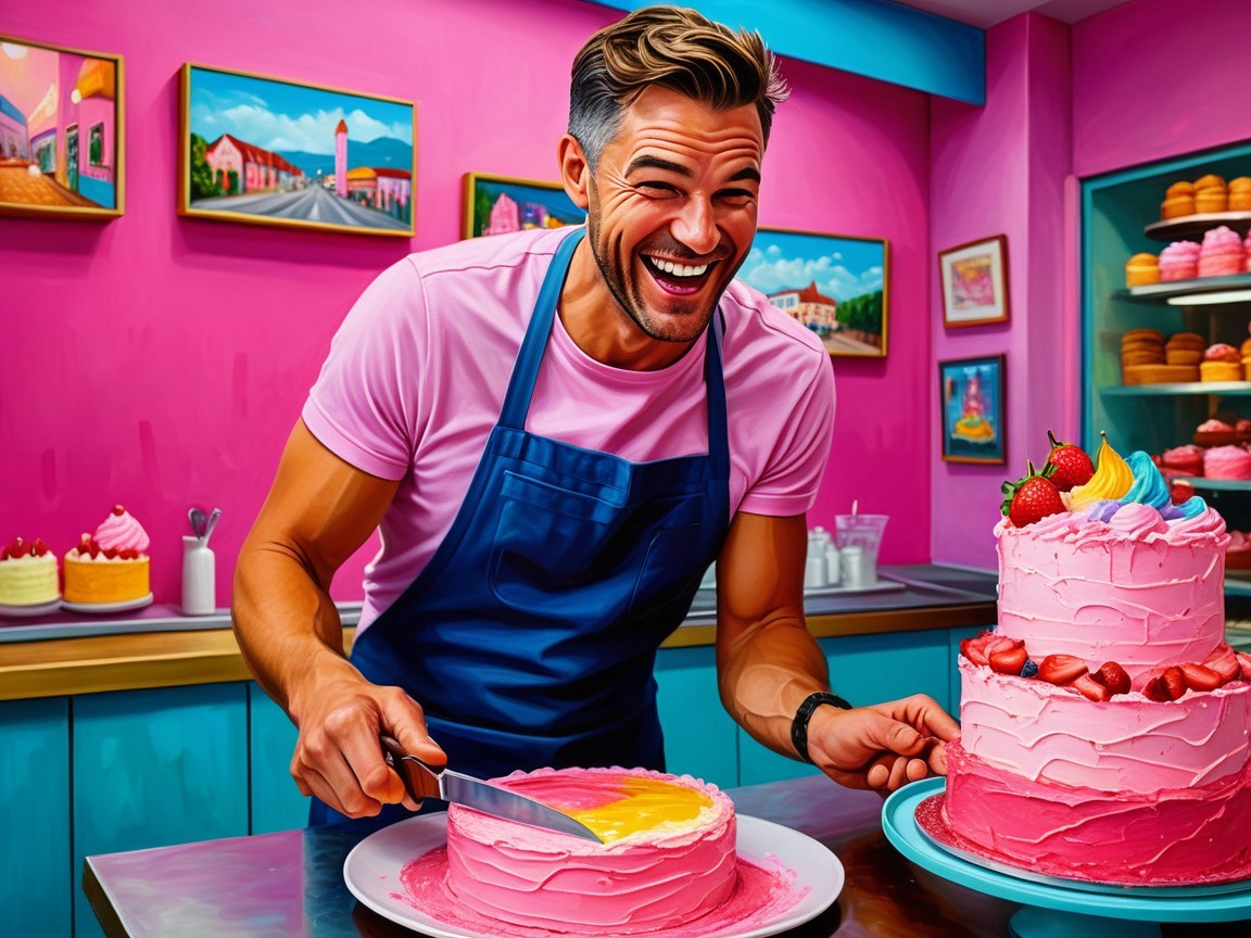 Cheerful Baker Slicing Colorful Pink Cake in Bakery