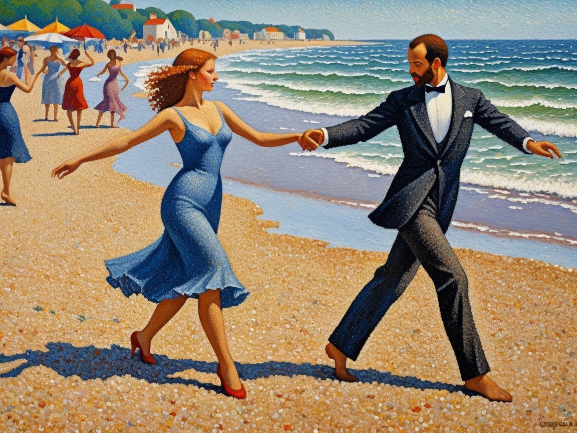 Joyful Dance on a Sandy Beach with Colorful Umbrellas