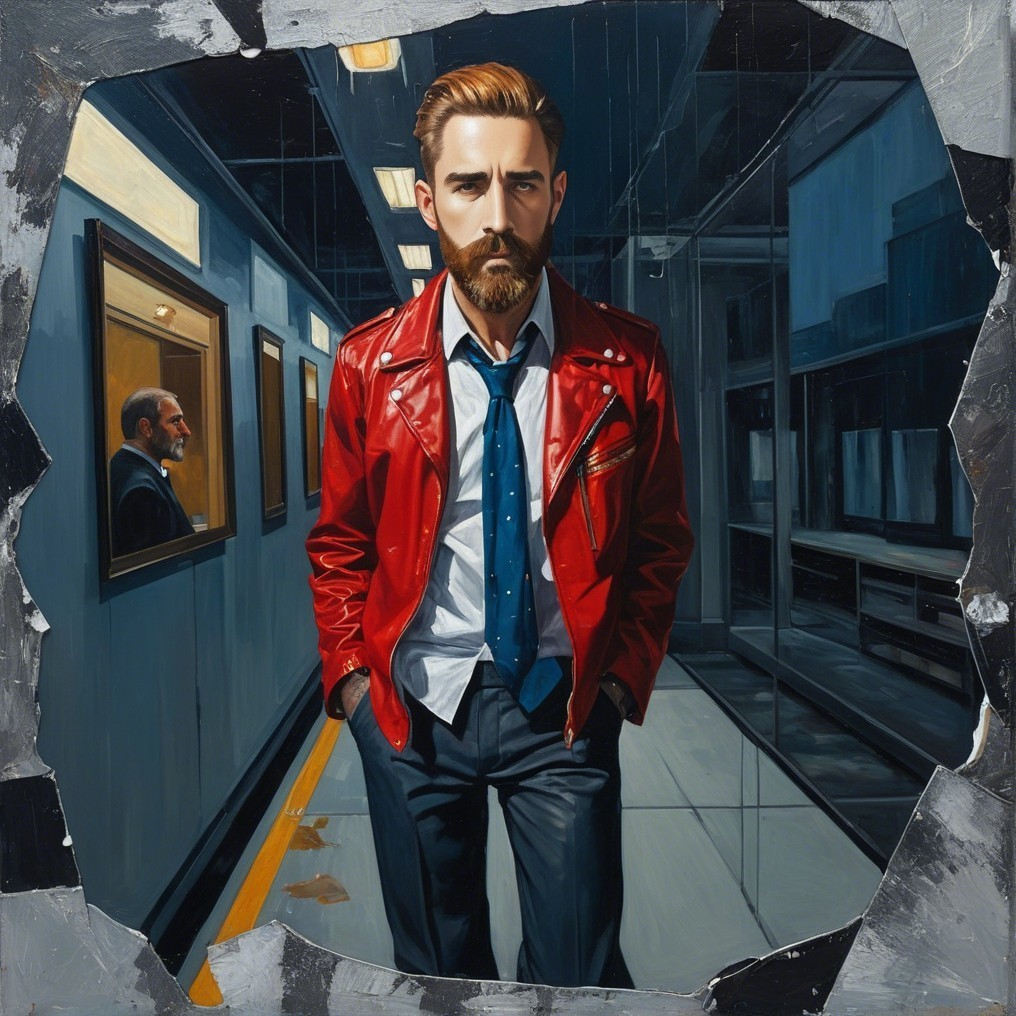 Confident Man in Red Jacket in Minimalist Corridor