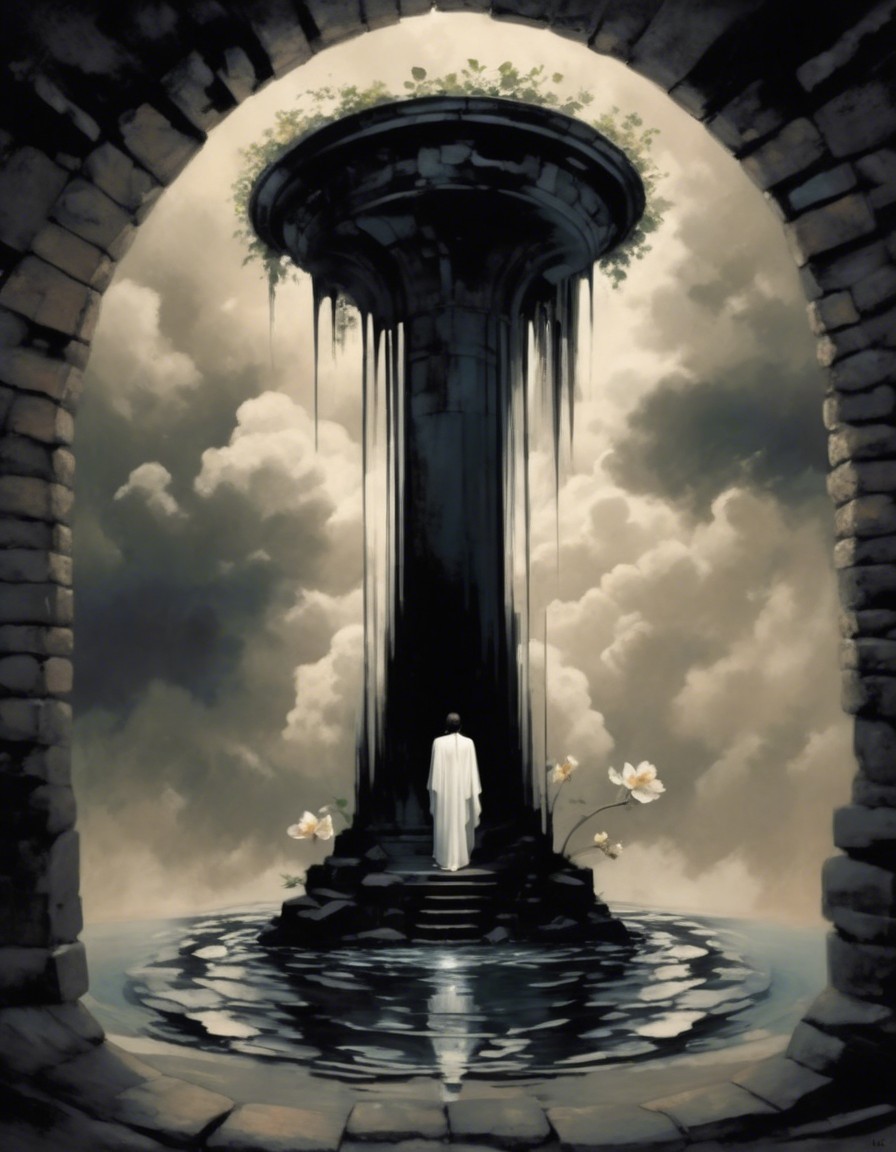 Solitary Figure in Cloak at Dark Column with Vines