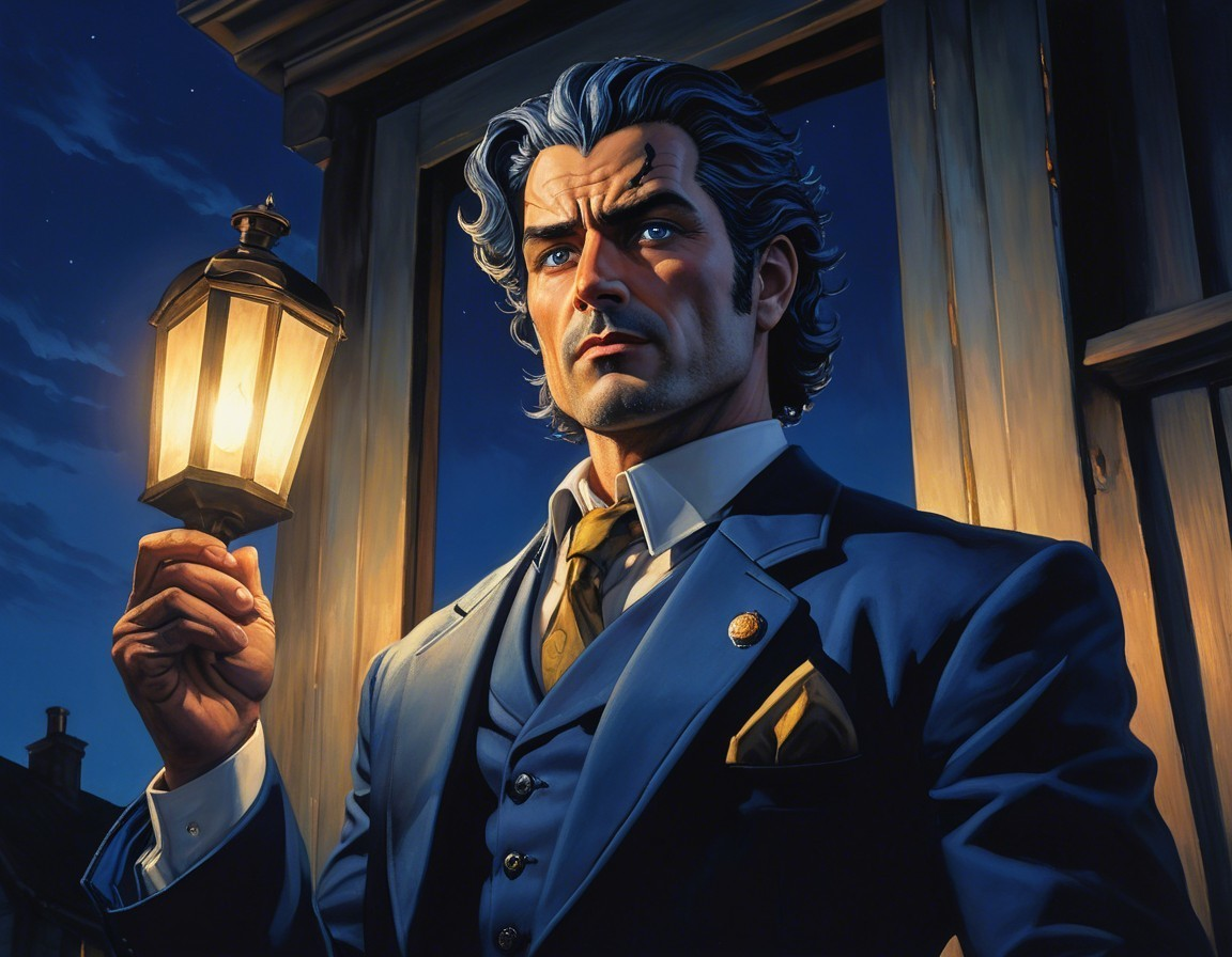 Elegant man in blue suit under lantern light