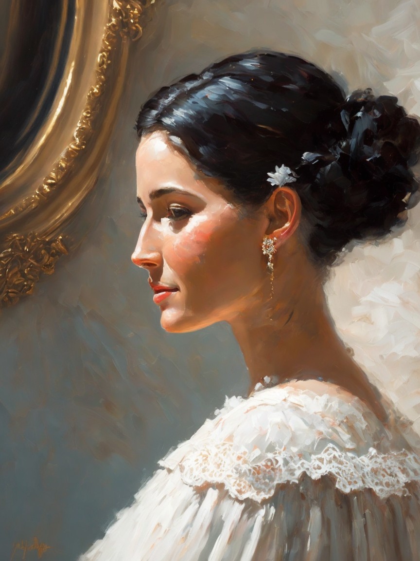 Elegant Woman Profile in Soft Light with Lace Details
