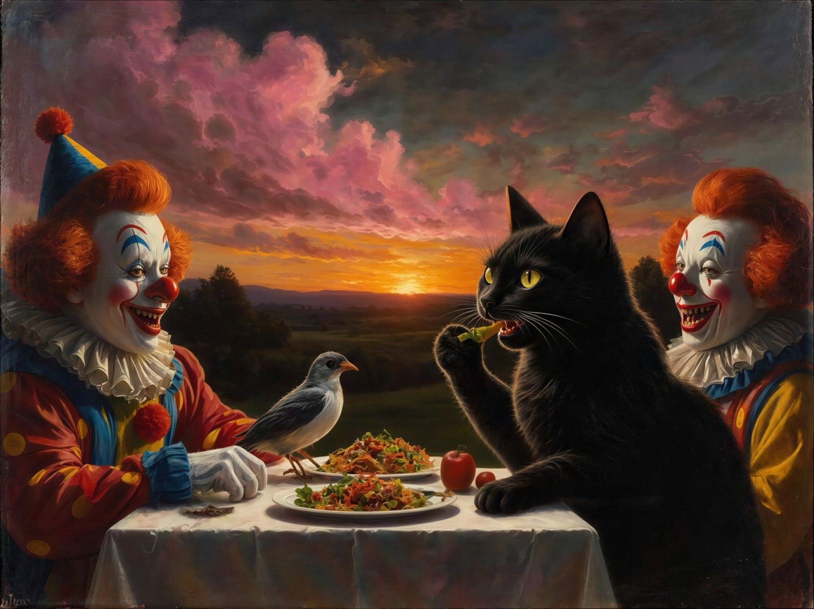 Whimsical Sunset Scene with Clowns and a Cat