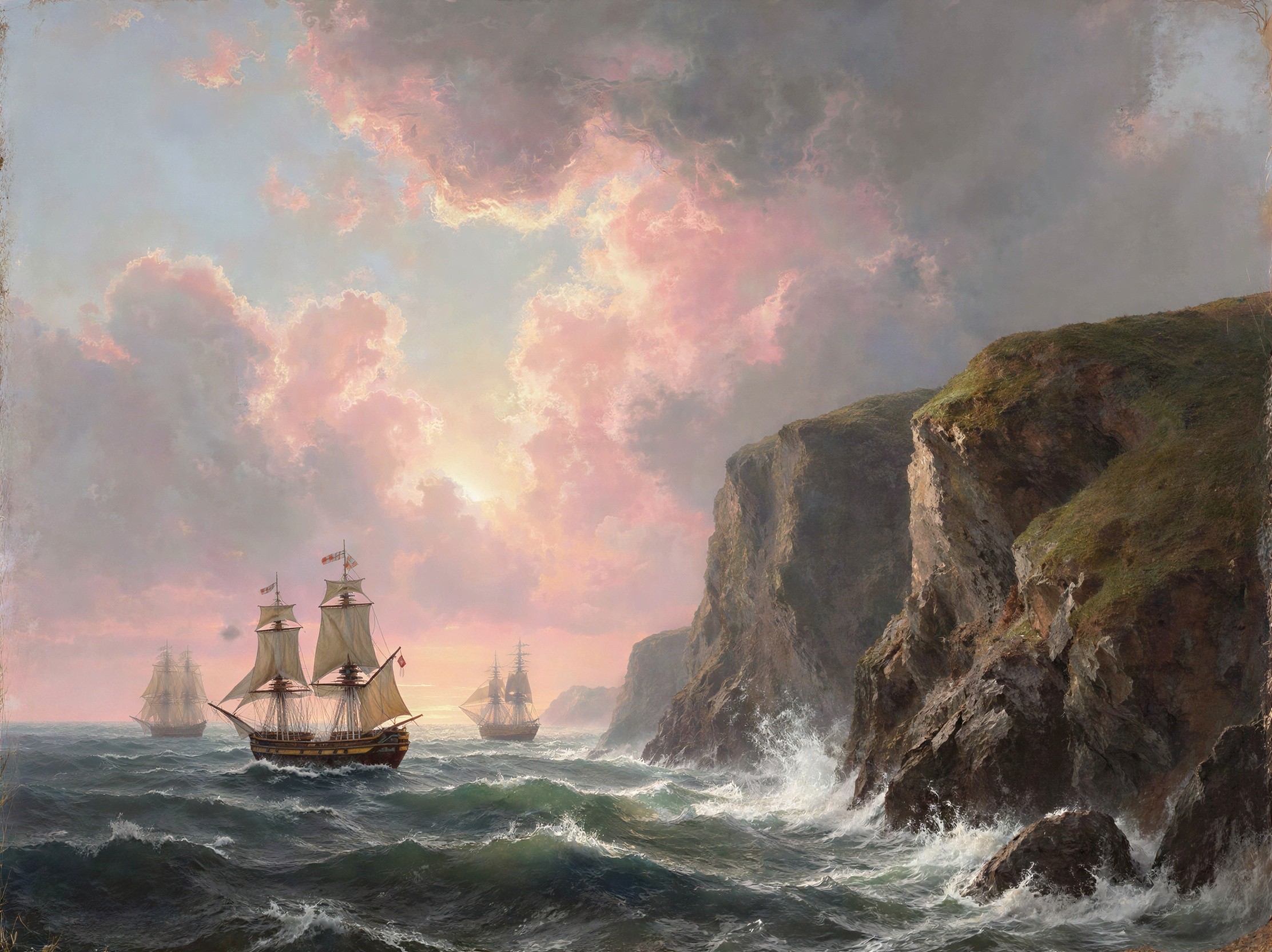 Sailing Ships in Rough Seas Near Rugged Cliffs