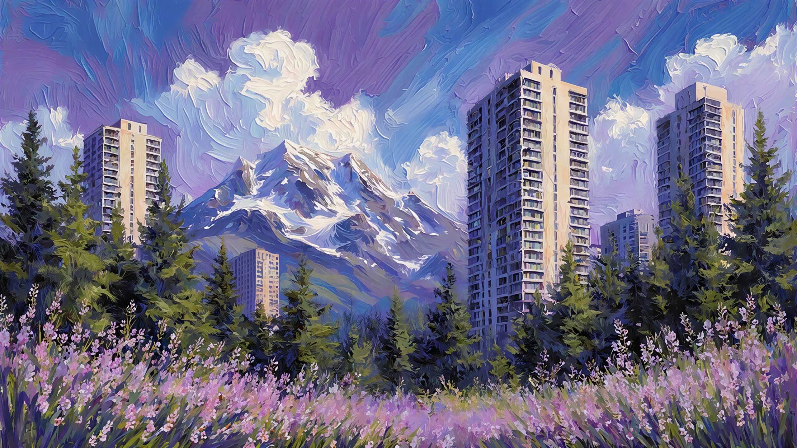 Vibrant Mountain Landscape with Modern Buildings and Lavender