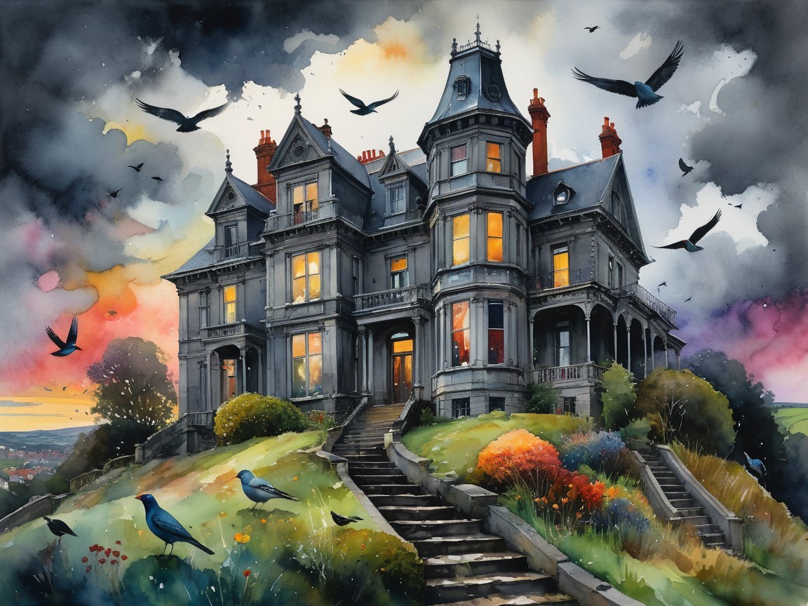 Watercolor Painting of a Dark Victorian Mansion