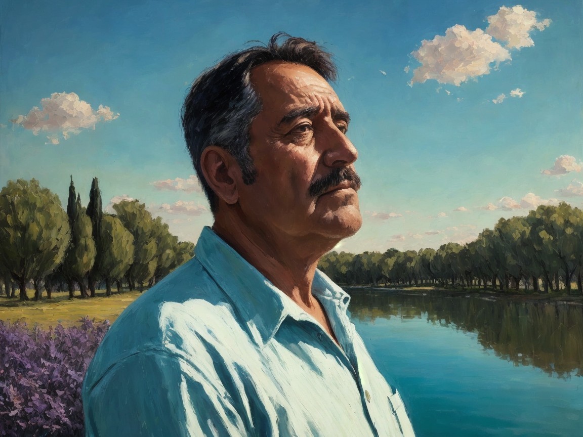 Contemplative Man by Tranquil Lake with Greenery