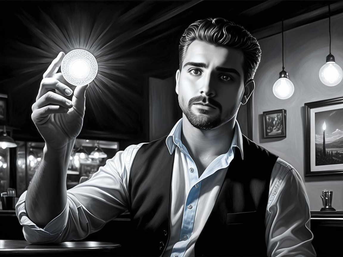 Young man with glowing orb in dimly lit bar setting