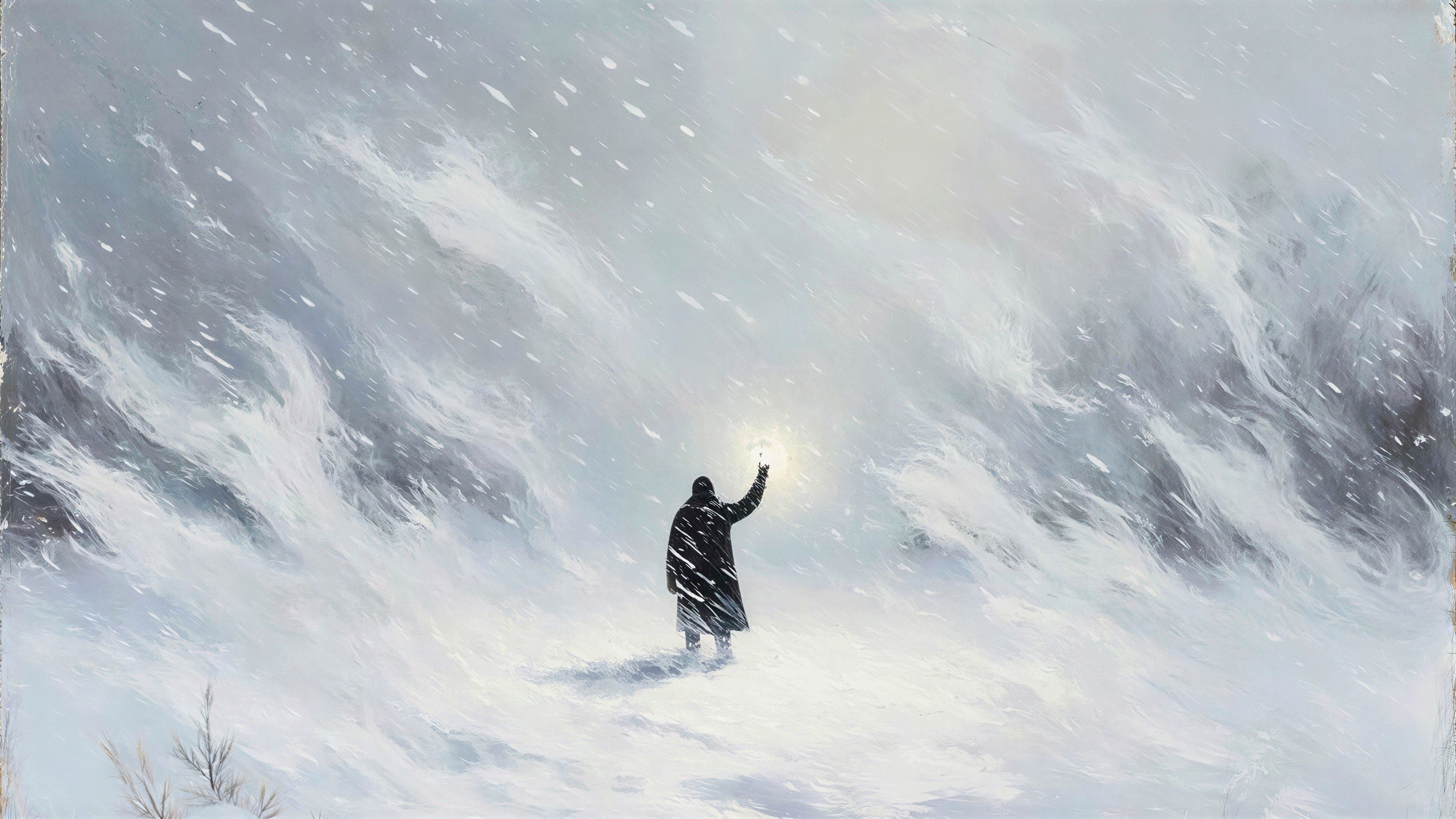 Person in dark coat amid snowy storm with glowing light