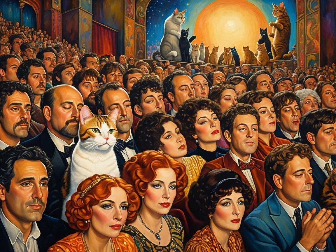 Diverse Audience in Grand Theater with Whimsical Cats