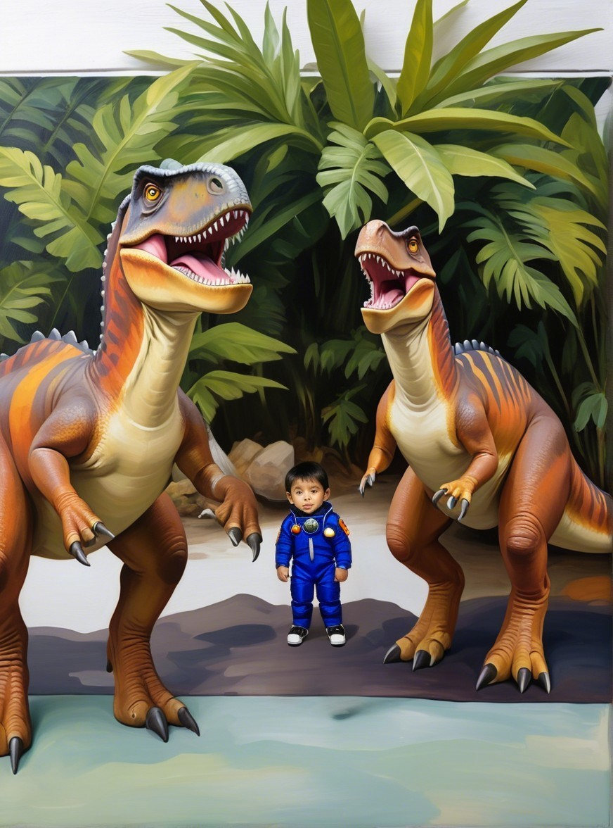 Child in Astronaut Suit Among Dinosaur Statues