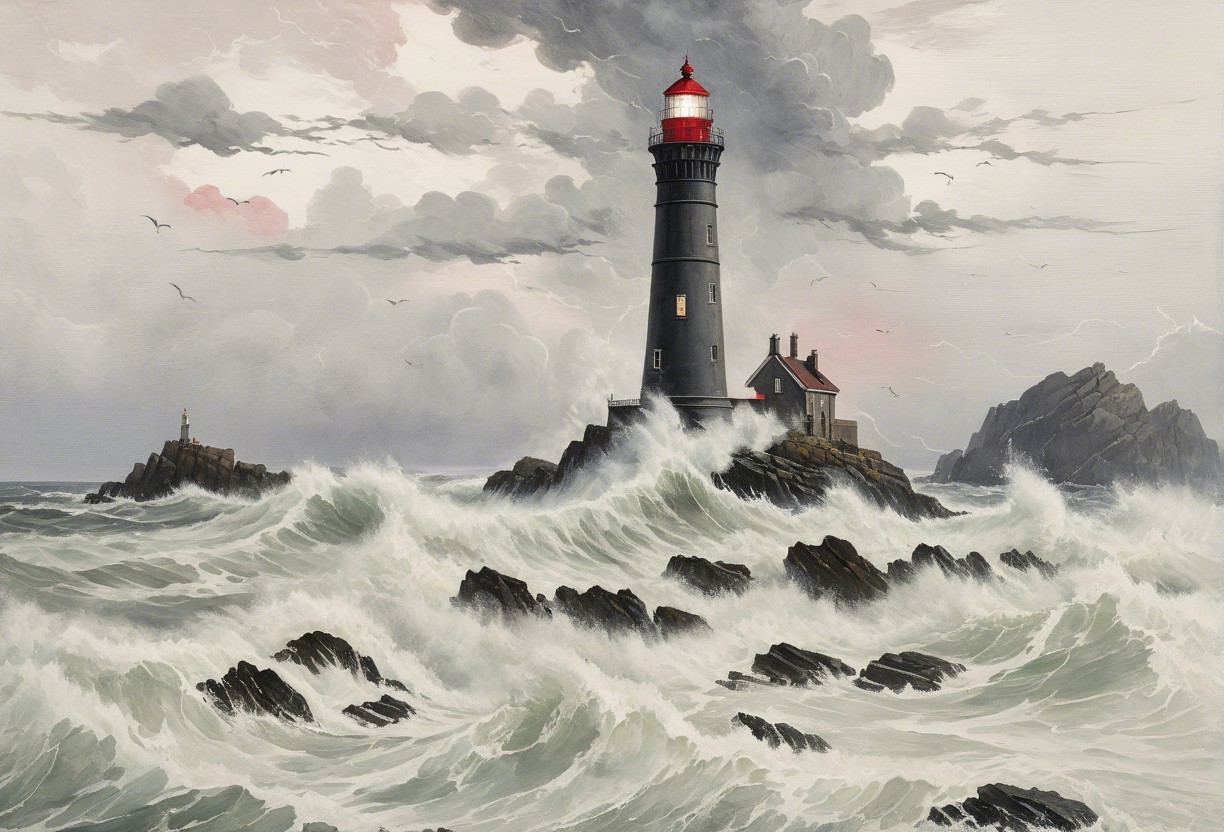 Lighthouse on Rugged Rocks Under Stormy Sky