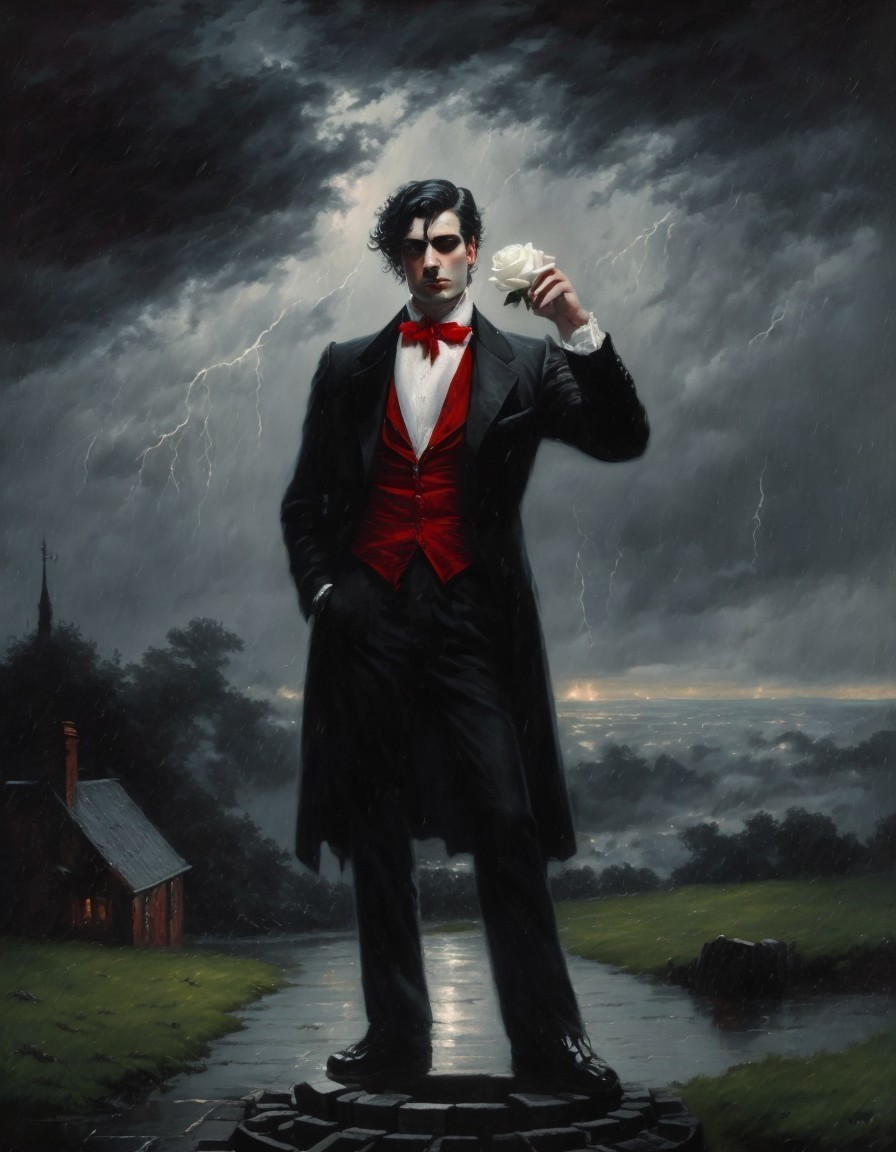 Mysterious Figure in Tuxedo on Stone Pedestal