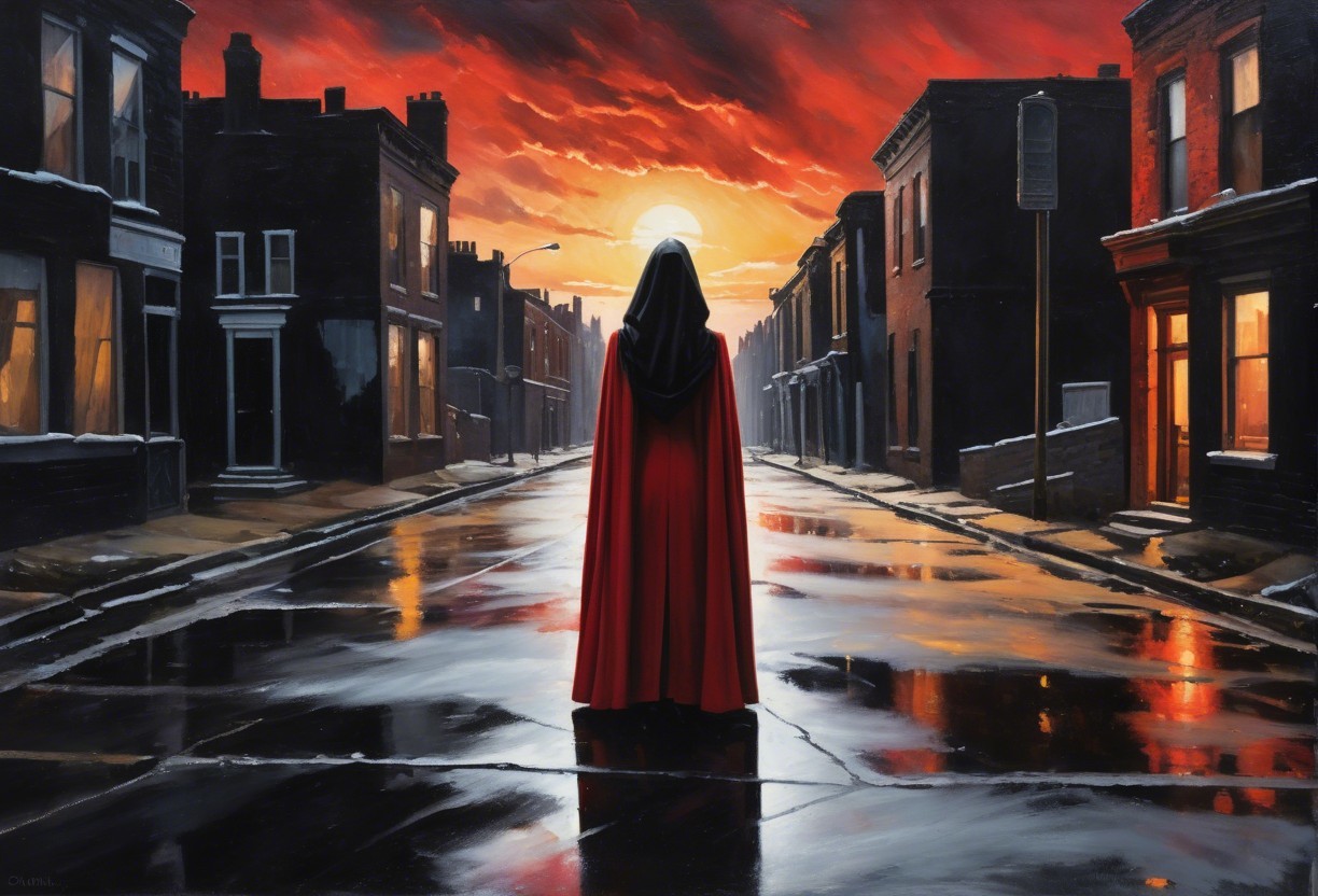 Figure in Red Cloak on Rain-Slicked Sunset Street