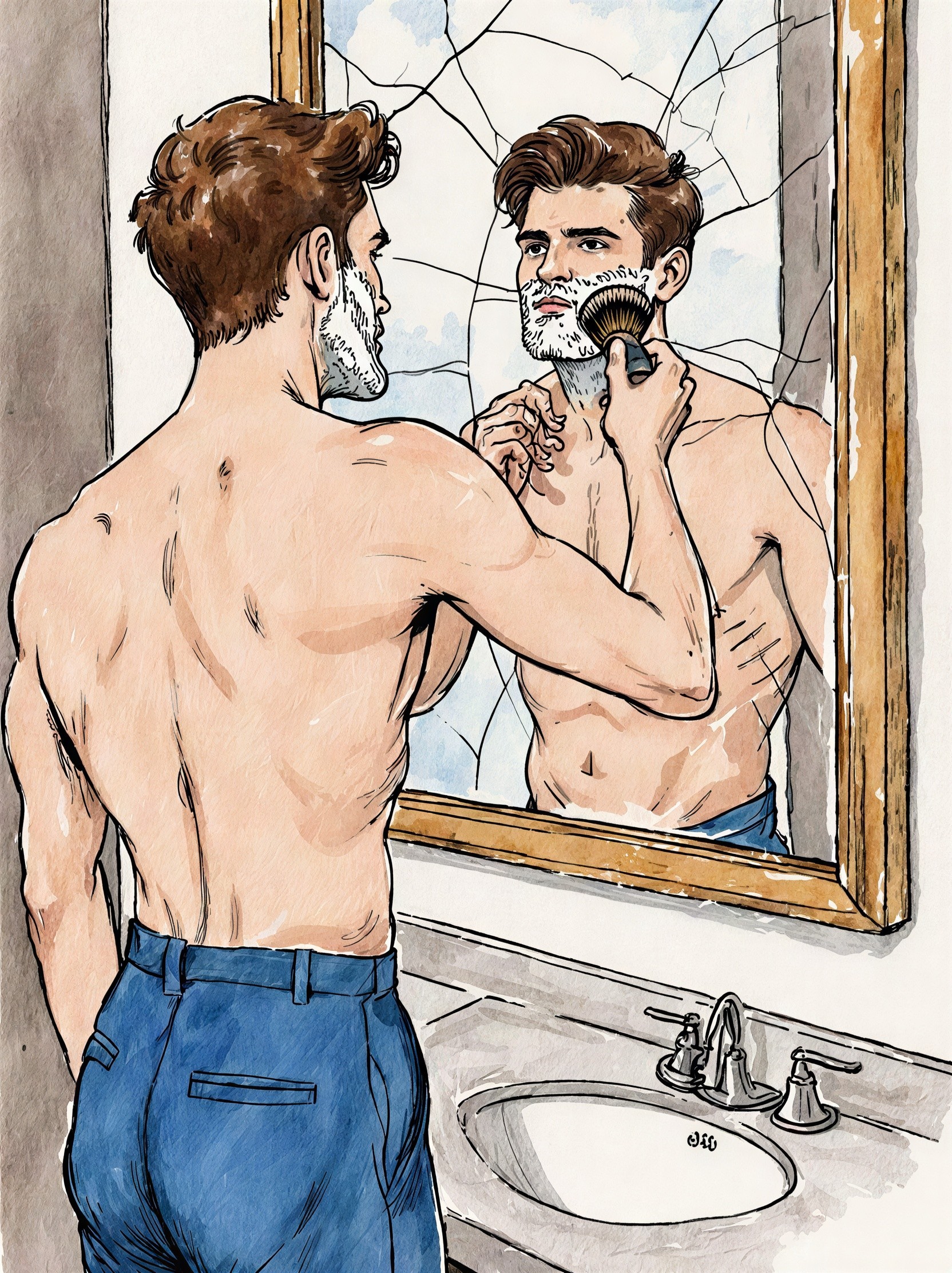 Man in Blue Pants Reflecting in Cracked Bathroom Mirror