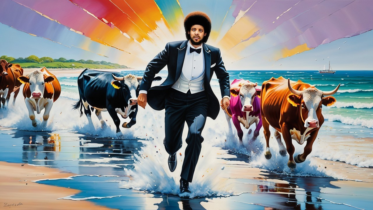 Dapper Man in Tuxedo Chased by Cows on Beach