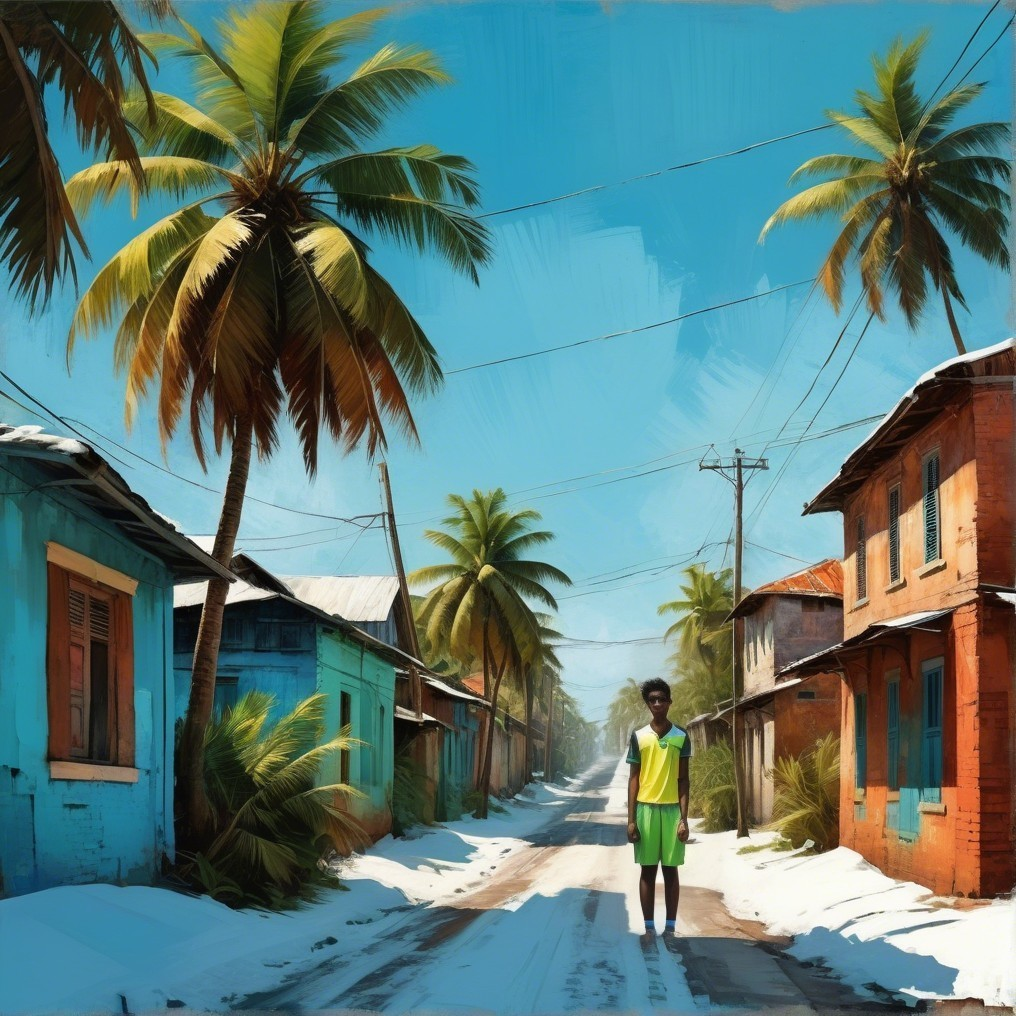 Tropical Scene of a Boy on a Colorful Sandy Street