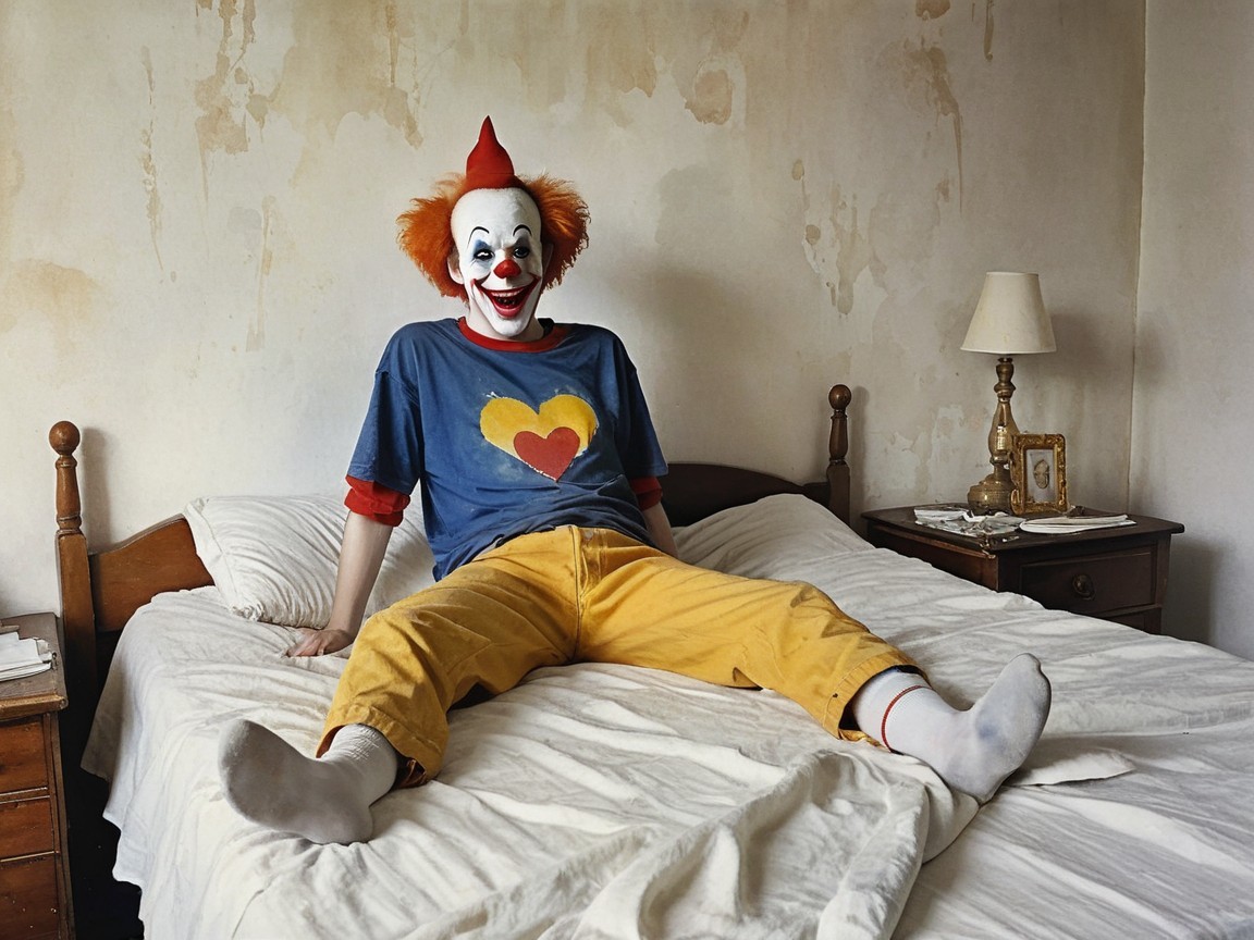 Clown in Colorful Outfit Sitting on a Bed in Room