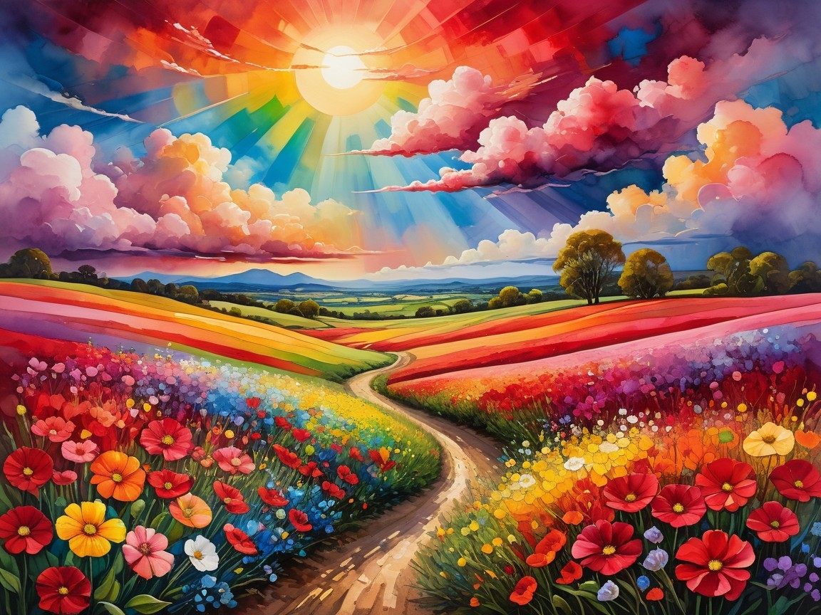Vibrant Landscape with Colorful Flowers and Sunshine