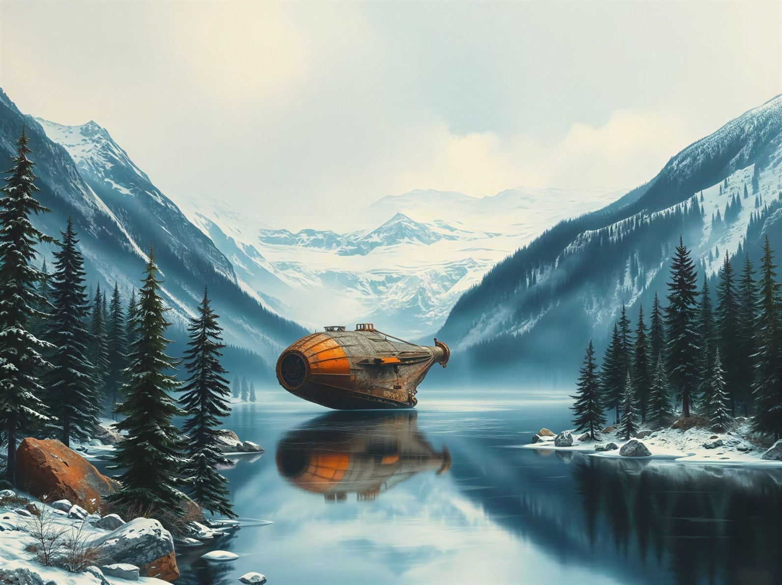 Futuristic Steampunk Submarine in Pristine Lake Setting