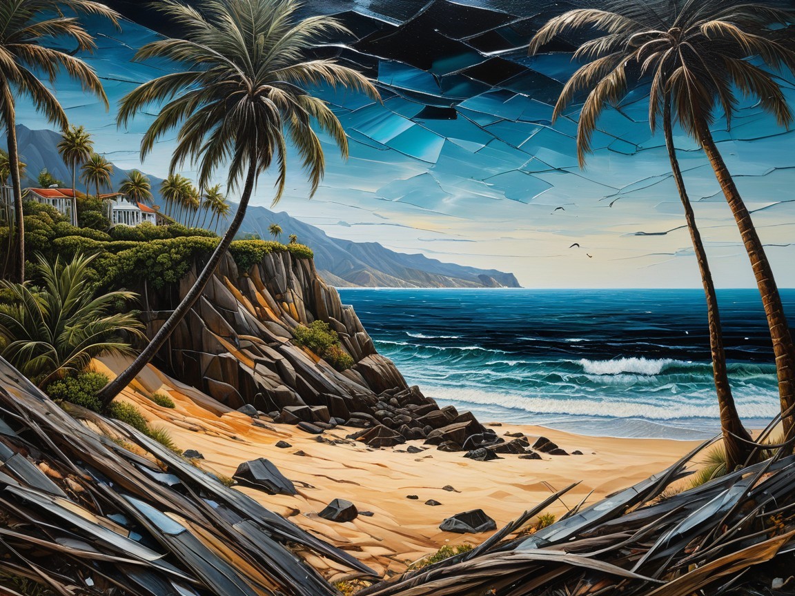 Tropical Beach Scene with Palm Trees and Cliffs