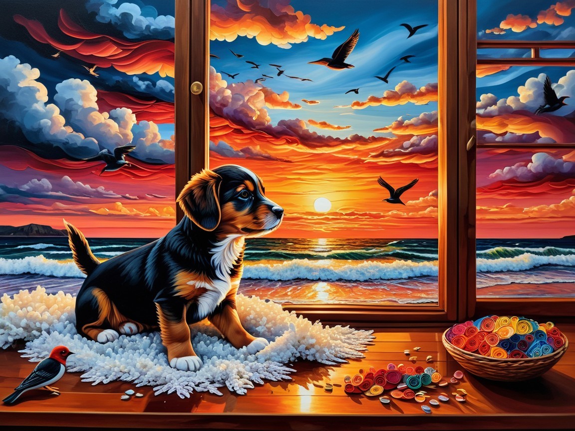 Puppy by Window with Sunset and Colorful Beads
