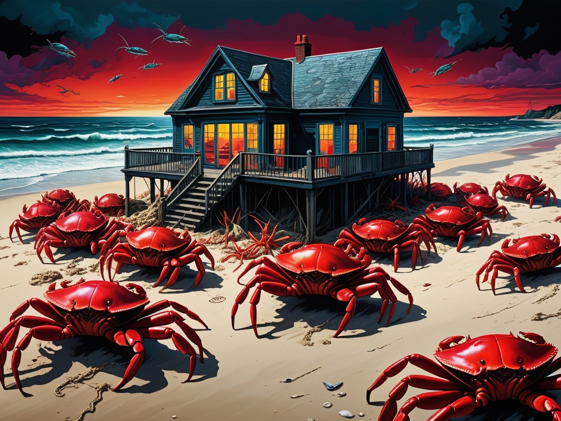 Stylish House on Beach at Sunset with Crabs