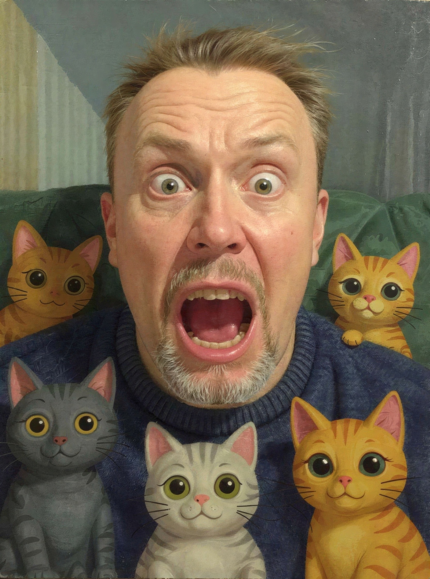 Middle-aged man screaming with colorful cat sculptures