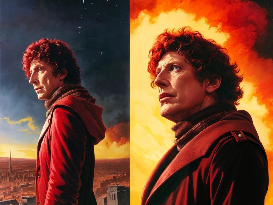 Man with Red Coat in Dramatic Split Background