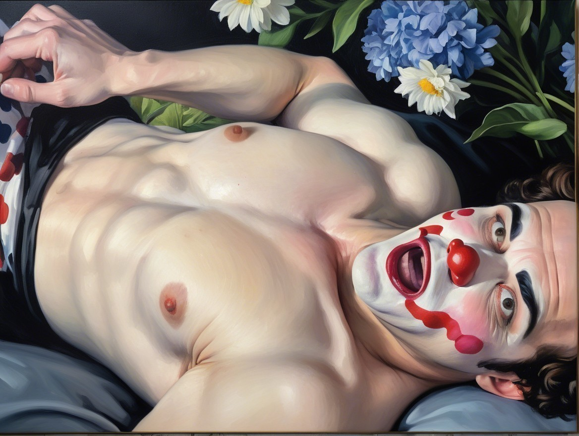 Muscular Male Figure with Clown Face Surrounded by Flowers