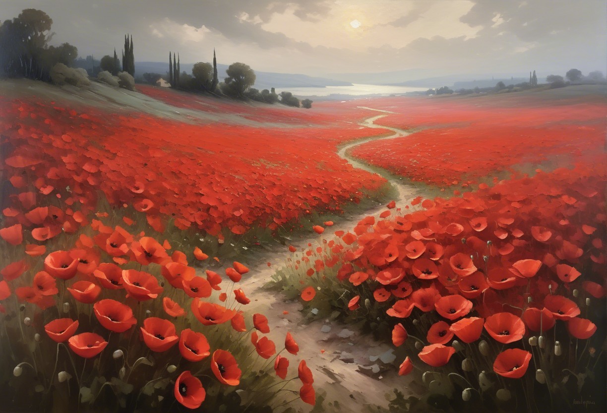 Vibrant Field of Red Poppies with Serene Water View