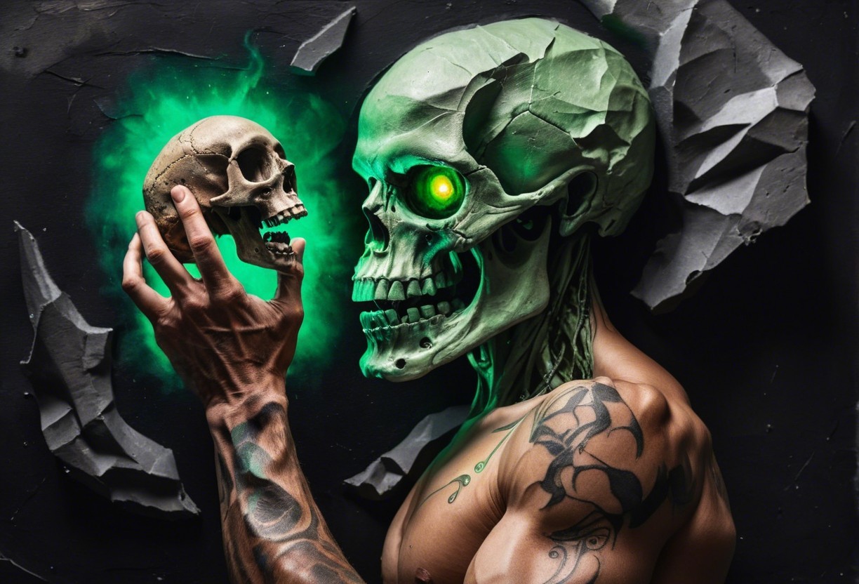 Muscular Figure with Green Glowing Skull and Tattoos