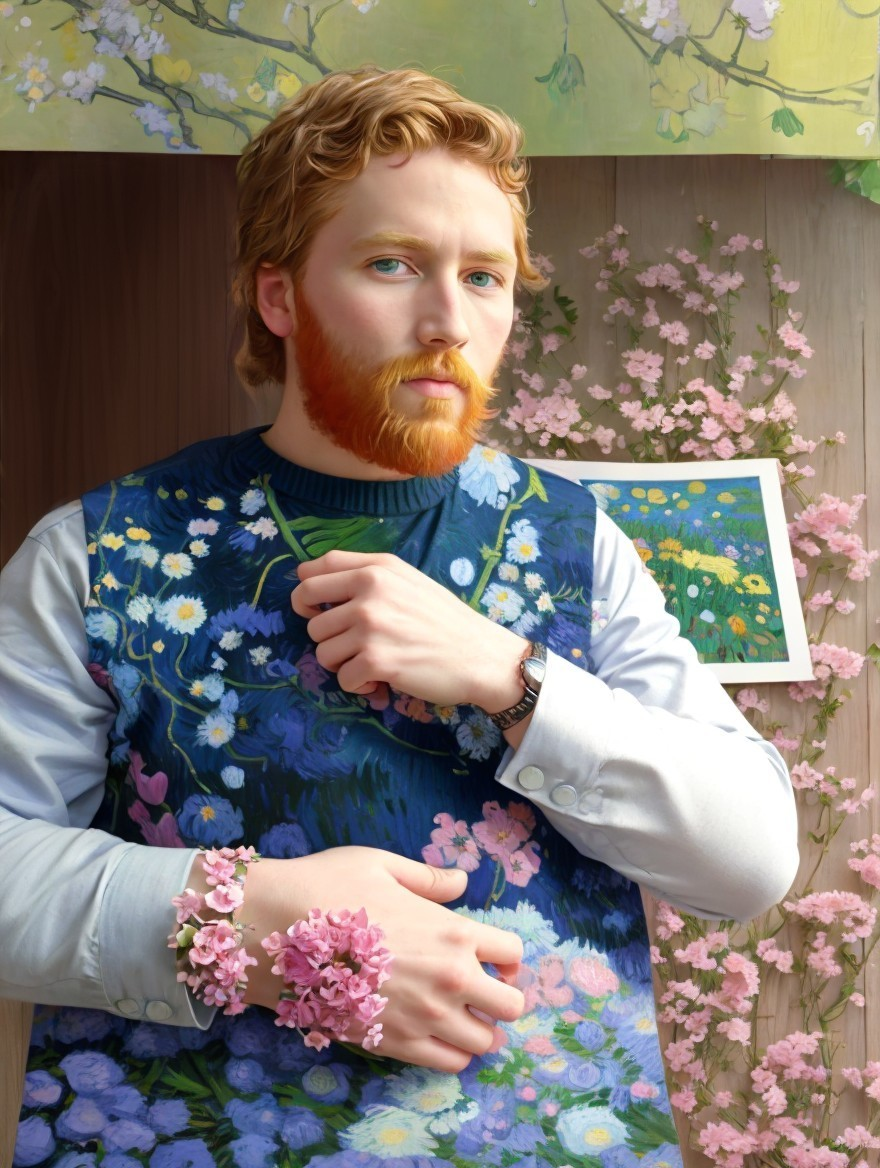 Young man with red beard in floral setting and attire