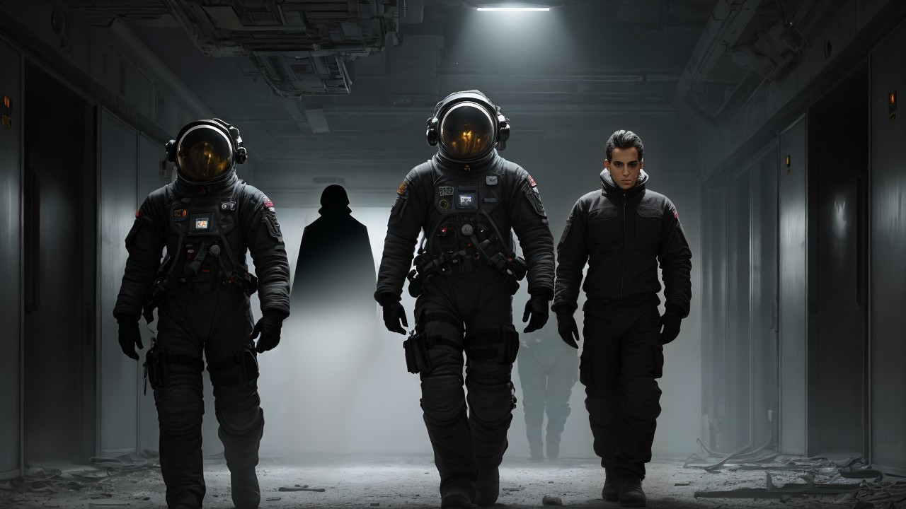 Astronauts in Futuristic Suits in Abandoned Spacecraft